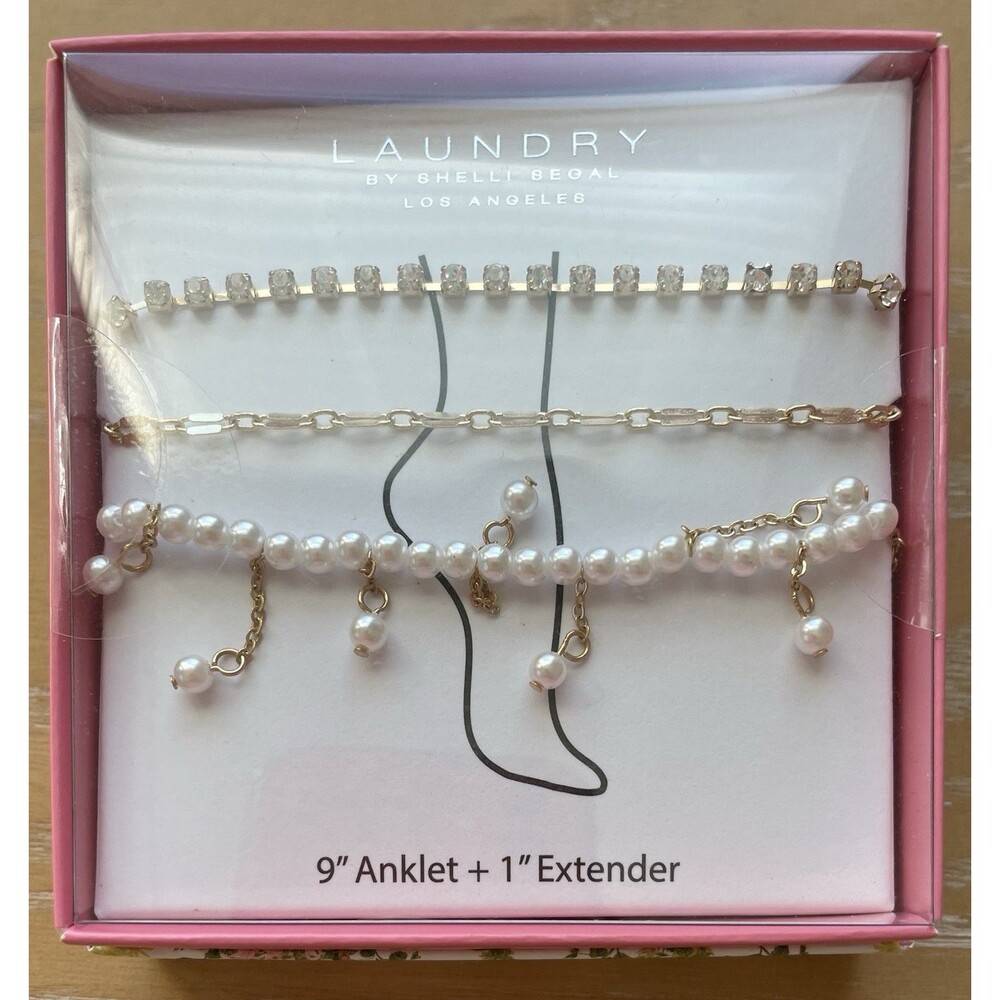 Laundry By Shelli Regal Rhinestone Faux Pearl Goldtone Anklet 9 Inch + 1” Ext